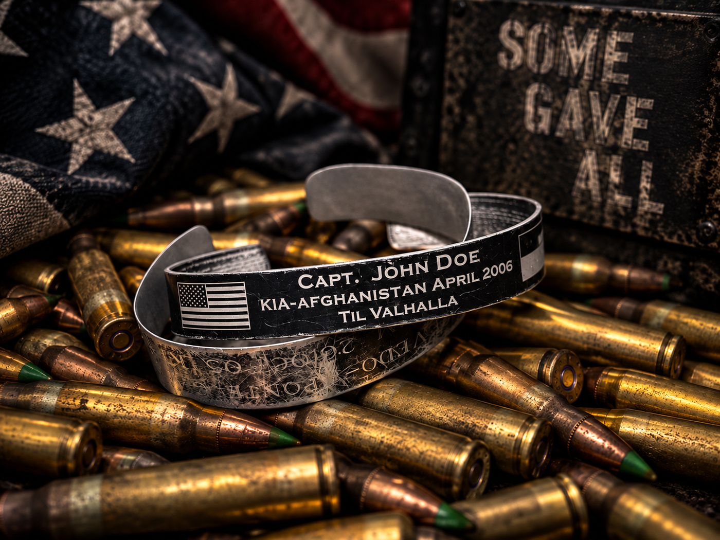 black anodized aluminum KIA awareness memorial bracelets, laser engraved with names and dates
