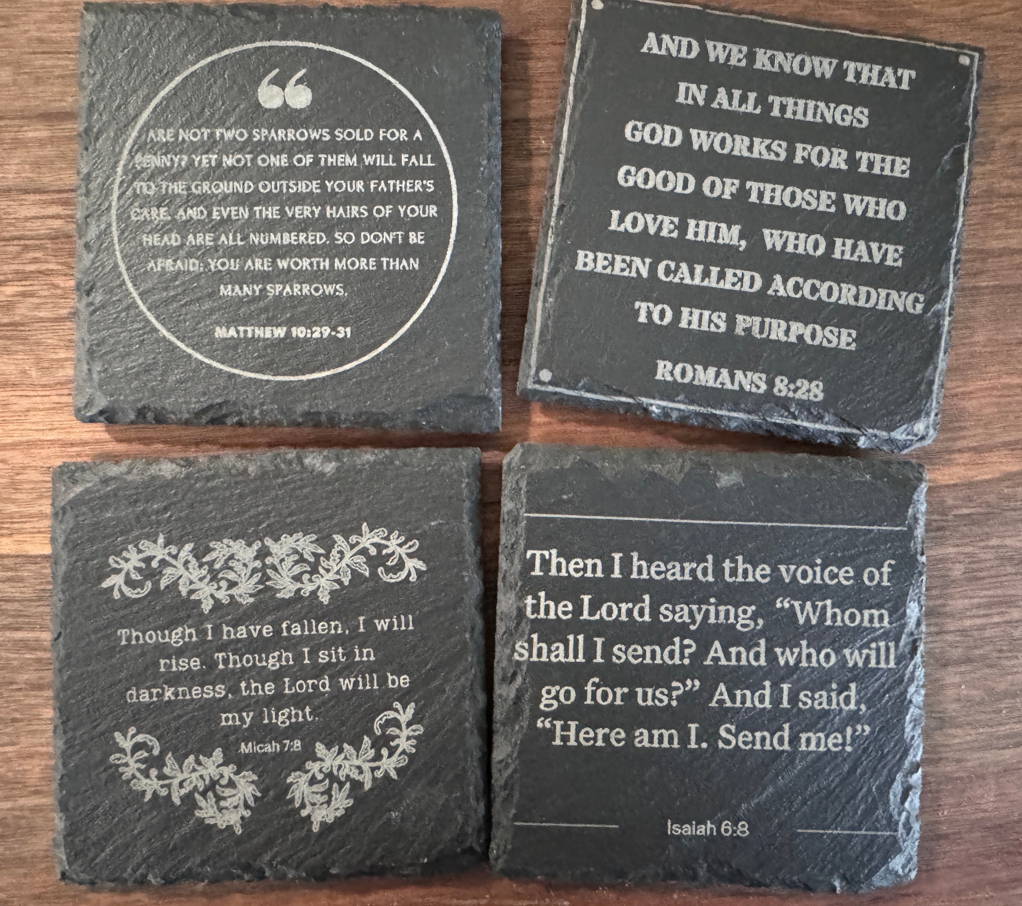 Four Slate We Fight Monsters Bible Verse Coasters