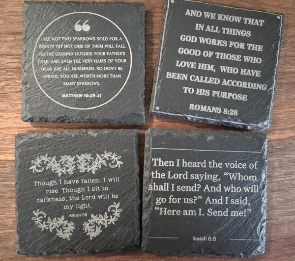 Four Slate We Fight Monsters Bible Verse Coasters