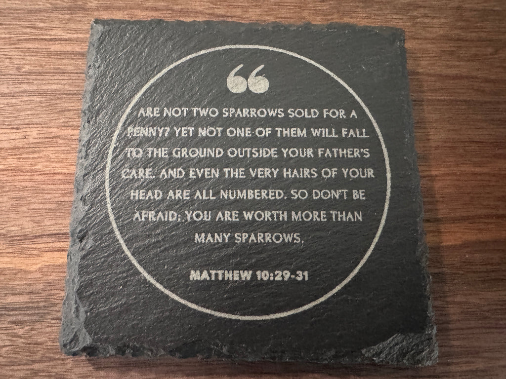 Four Slate We Fight Monsters Bible Verse Coasters