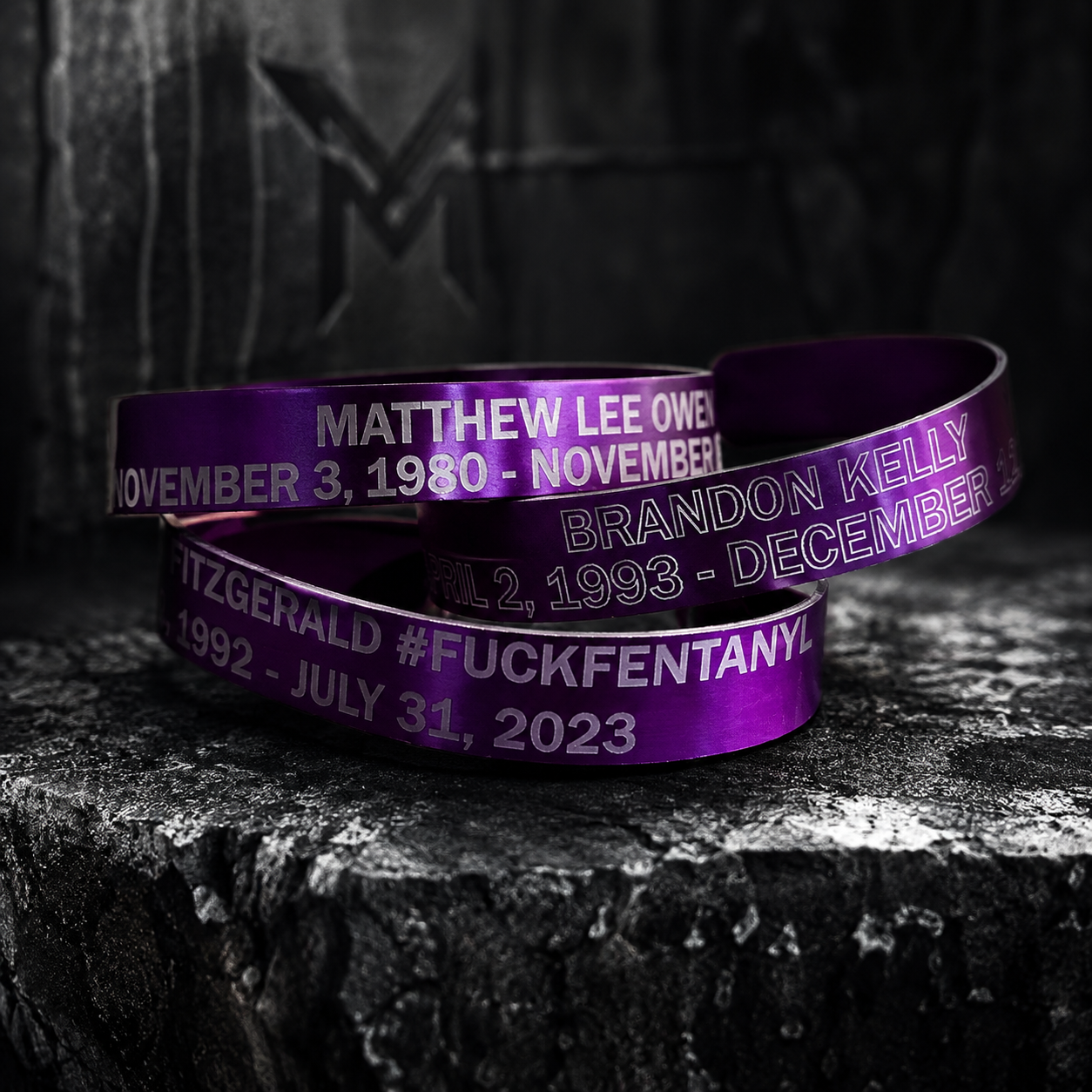 Purple anodized aluminum overdose awareness memorial bracelets, laser engraved with names and dates