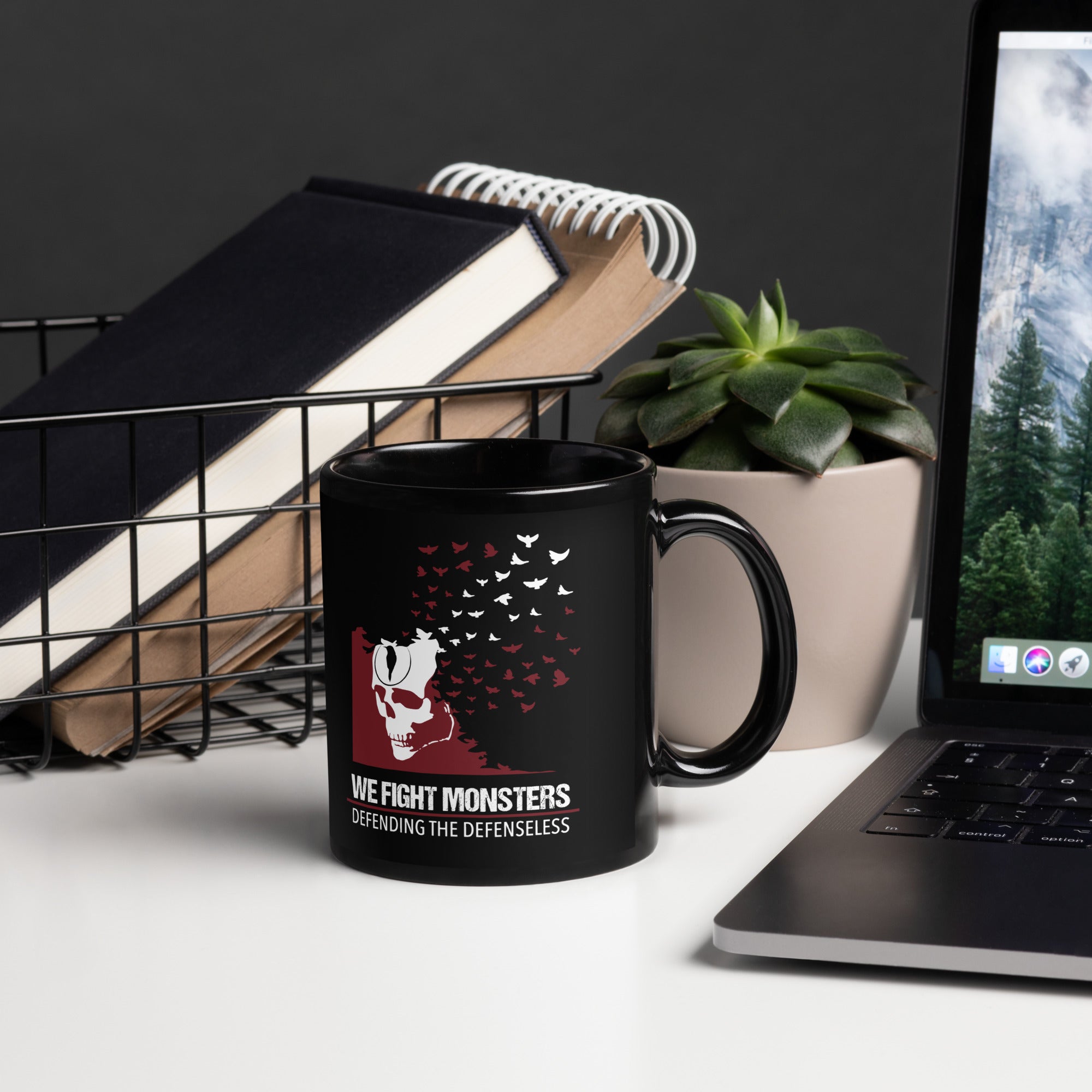 We Fight Monsters White Sparrow Black Glossy Mug