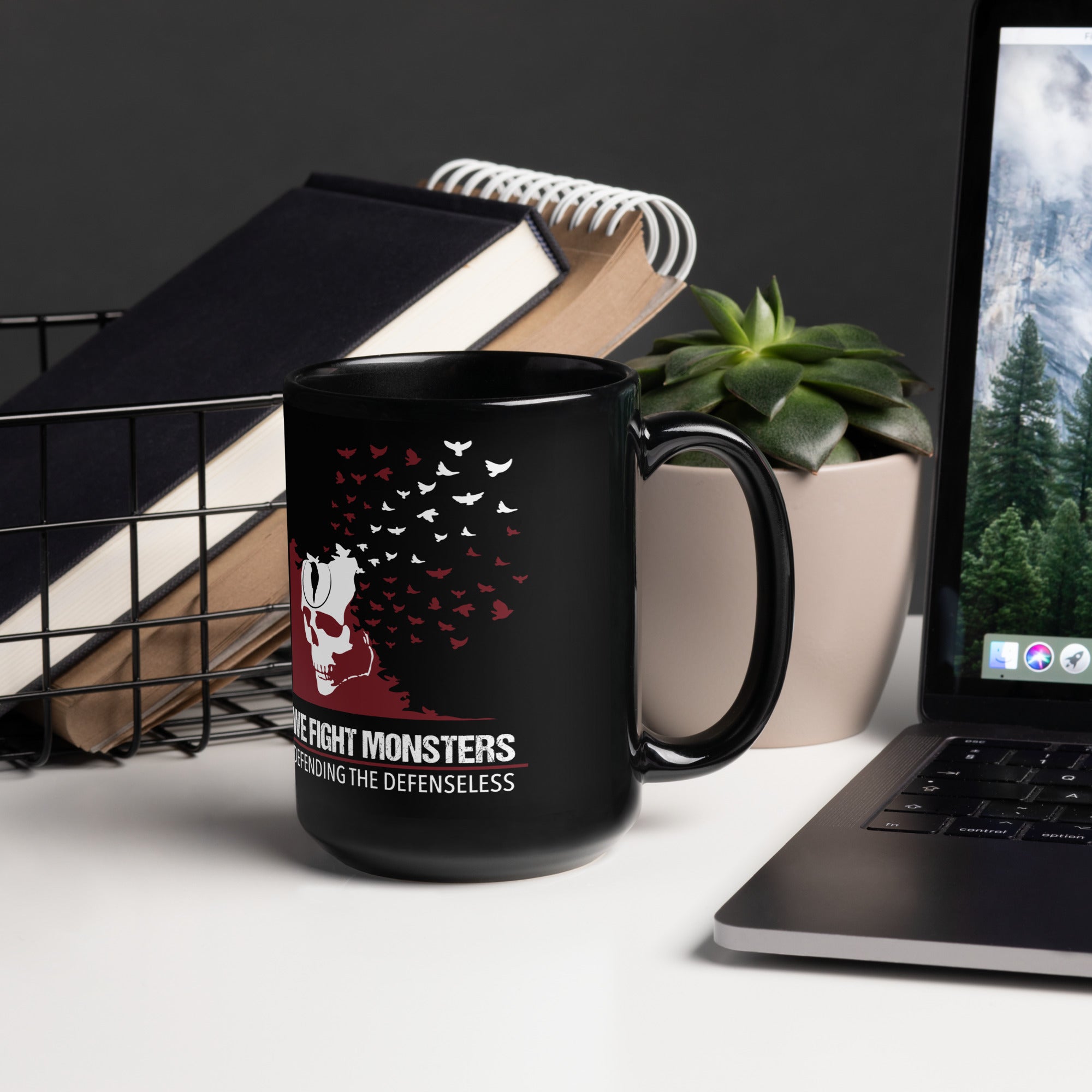 We Fight Monsters White Sparrow Black Glossy Mug