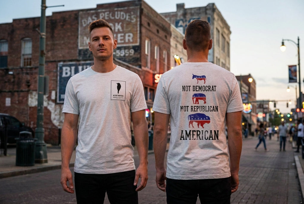 Not Republican, Not Democrat - AMERICAN // We Fight Monsters Tee — AI remix (Street (Memphis dusk))